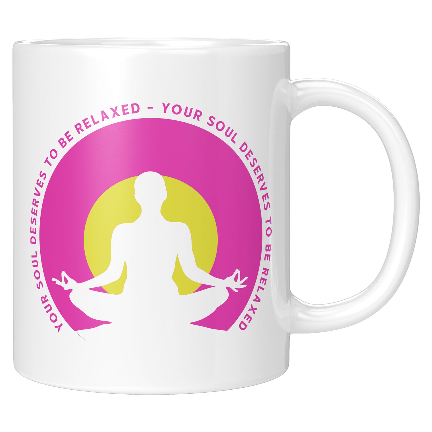 Achtsamkeits-Tasse „Your Soul Deserves to Be Relaxed“ mit Meditationsmotiv und inspirierendem Spruch in Magenta und Gelb.