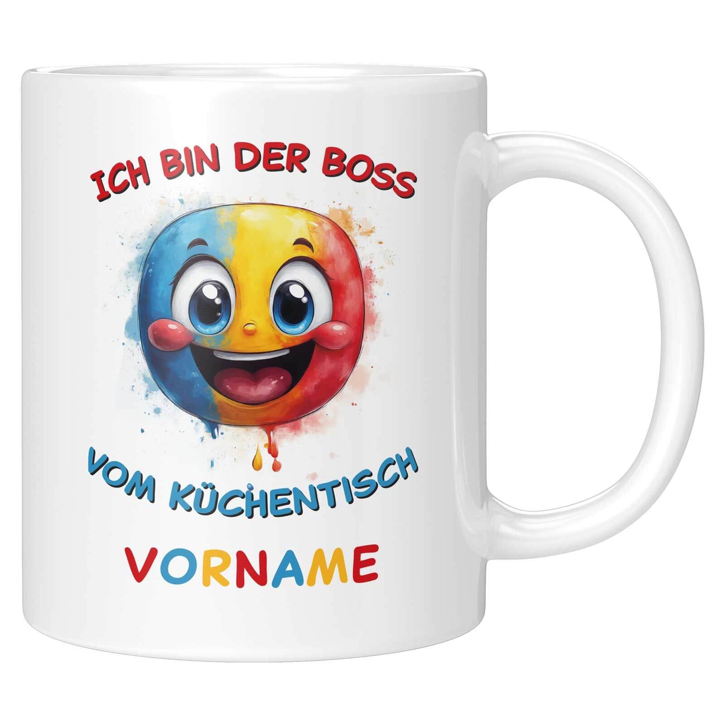 Personalisierbare Kindertasse mit zweifarbigem Smiley in Gelb und Blau, bunten Farbklecksen und Wunschname.