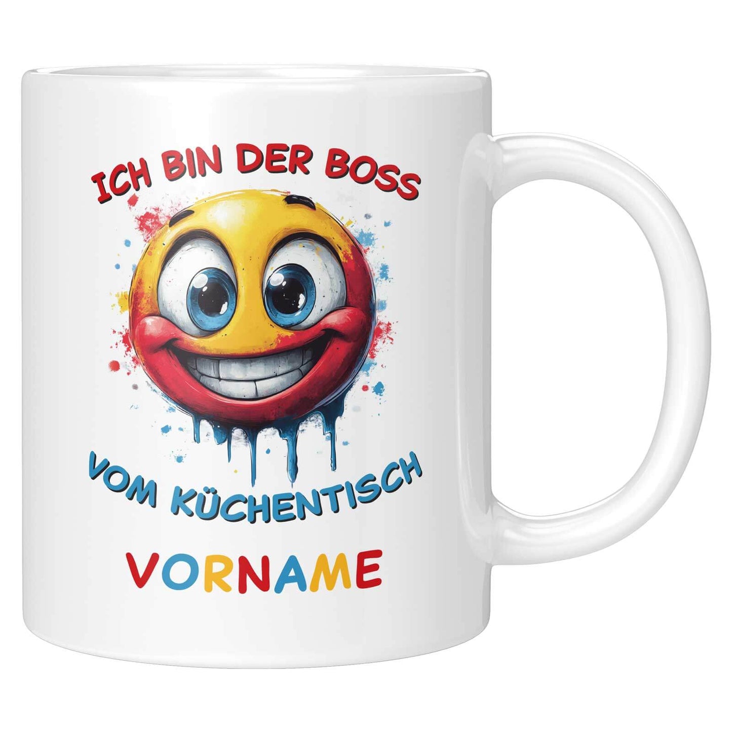 Lustige Tasse für Kinder mit grinsendem Smiley, bunten Farben und dem Text „Ich bin der Boss vom Küchentisch“.