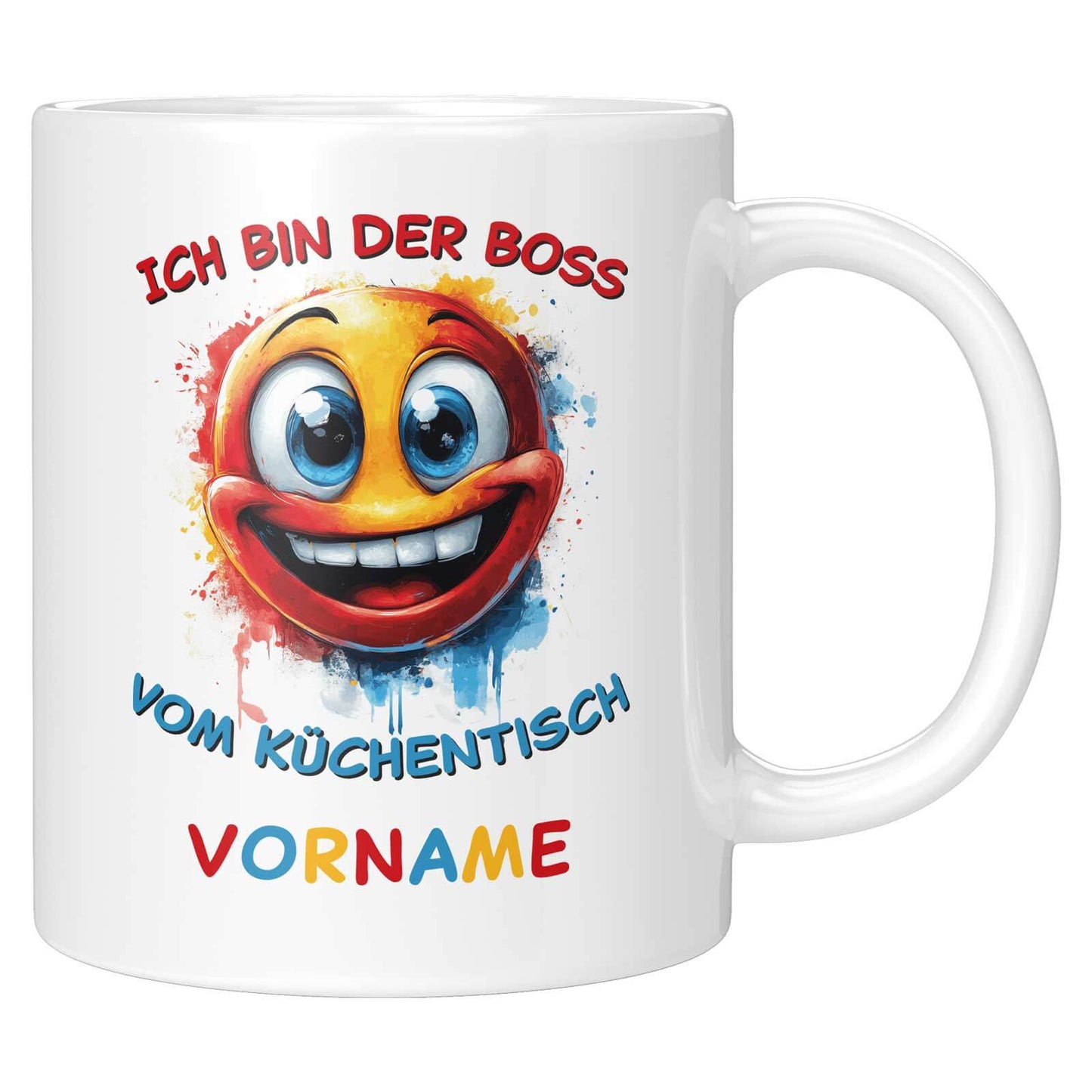 Detailaufnahme der Kindertasse mit breitem Smiley-Lächeln, buntem Hintergrund und Platz für individuellen Namen.