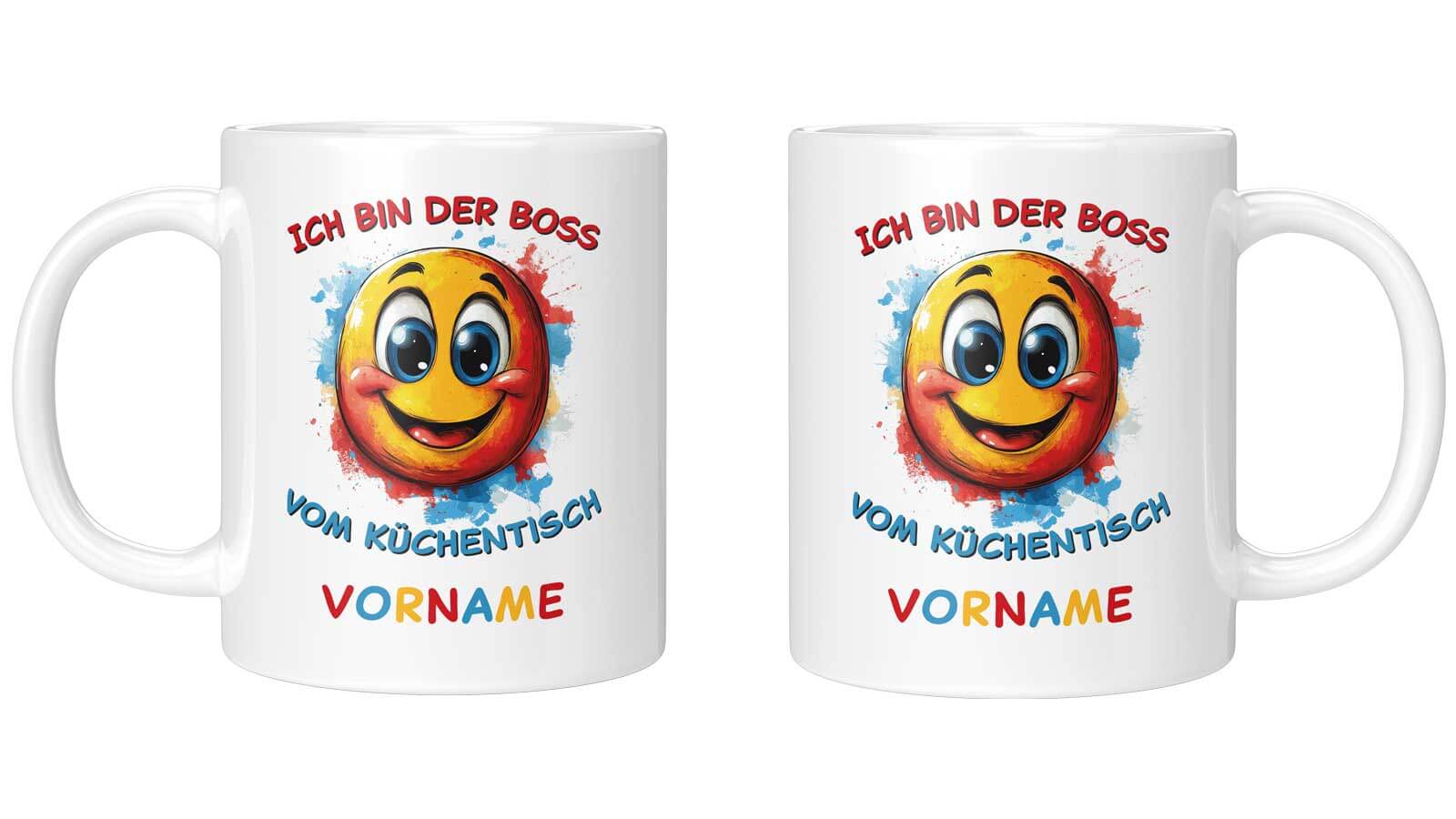 Bunte Kindertasse mit lachendem Smiley und farbenfrohen Details, personalisierbar mit Wunschname.