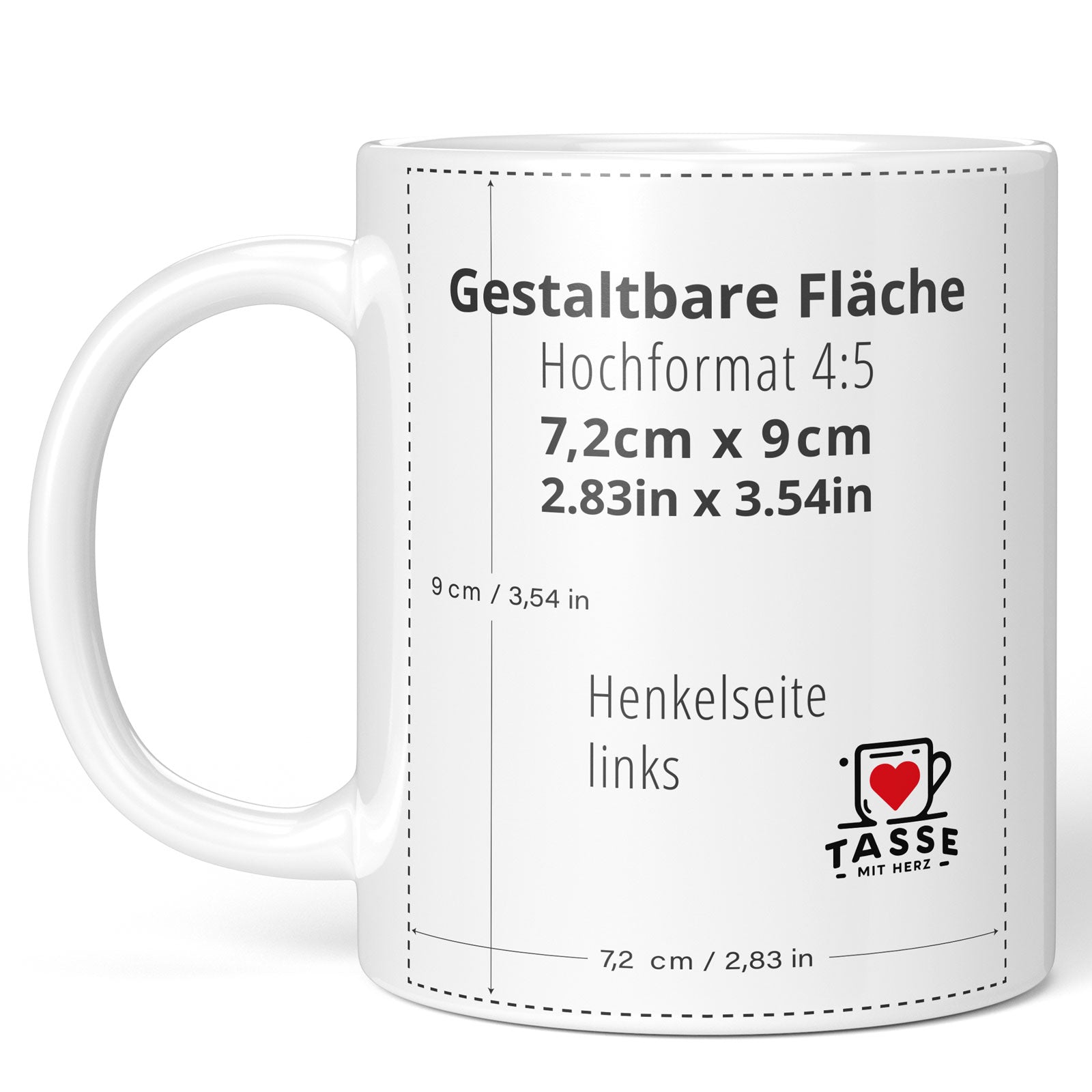 Weiße Keramik-Fototasse beidseitig personalisierbar auf der Seite, wo der Henkel links ist.