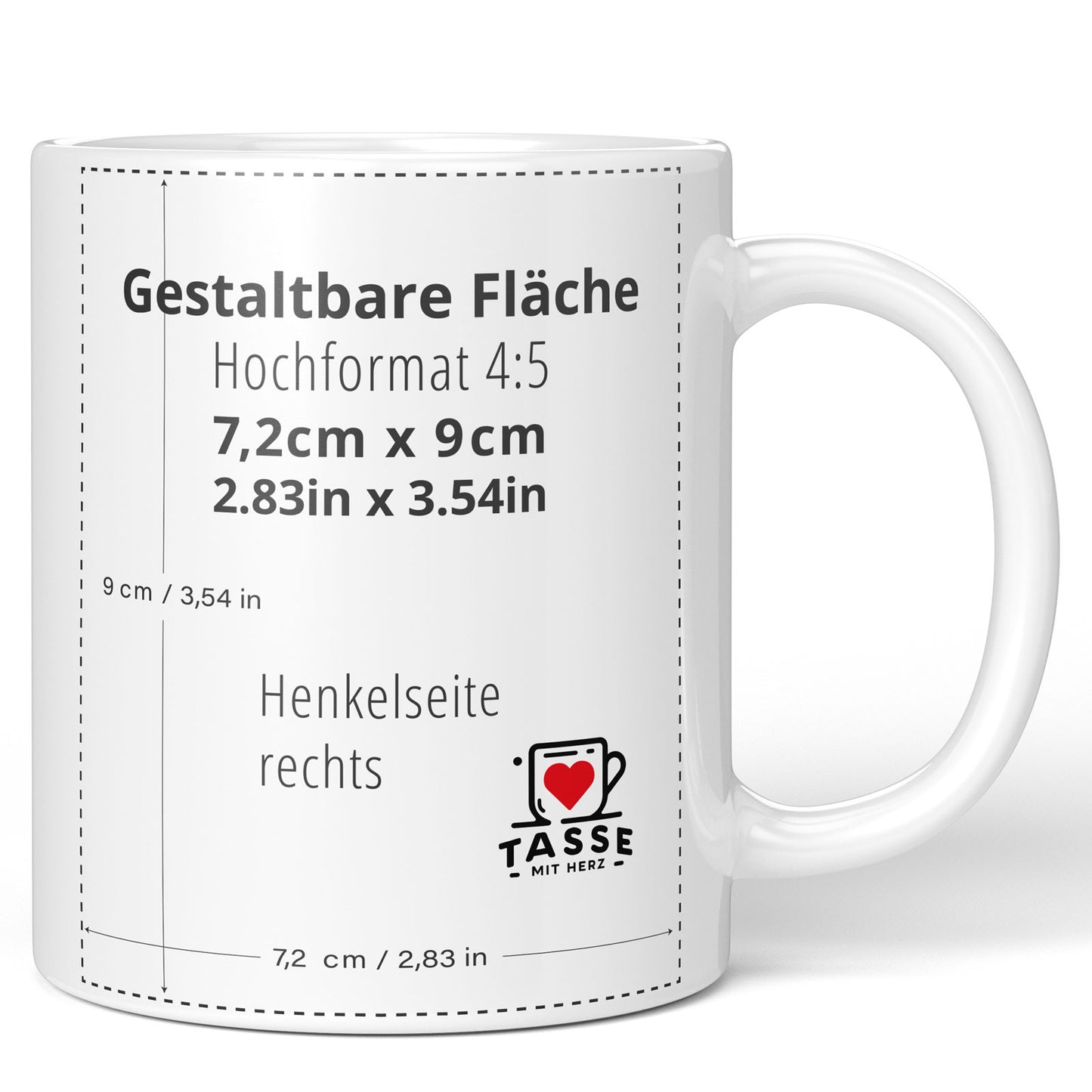 Weiße Keramik-Fototasse beidseitig personalisierbar auf der Seite, wo der Henkel rechts ist.