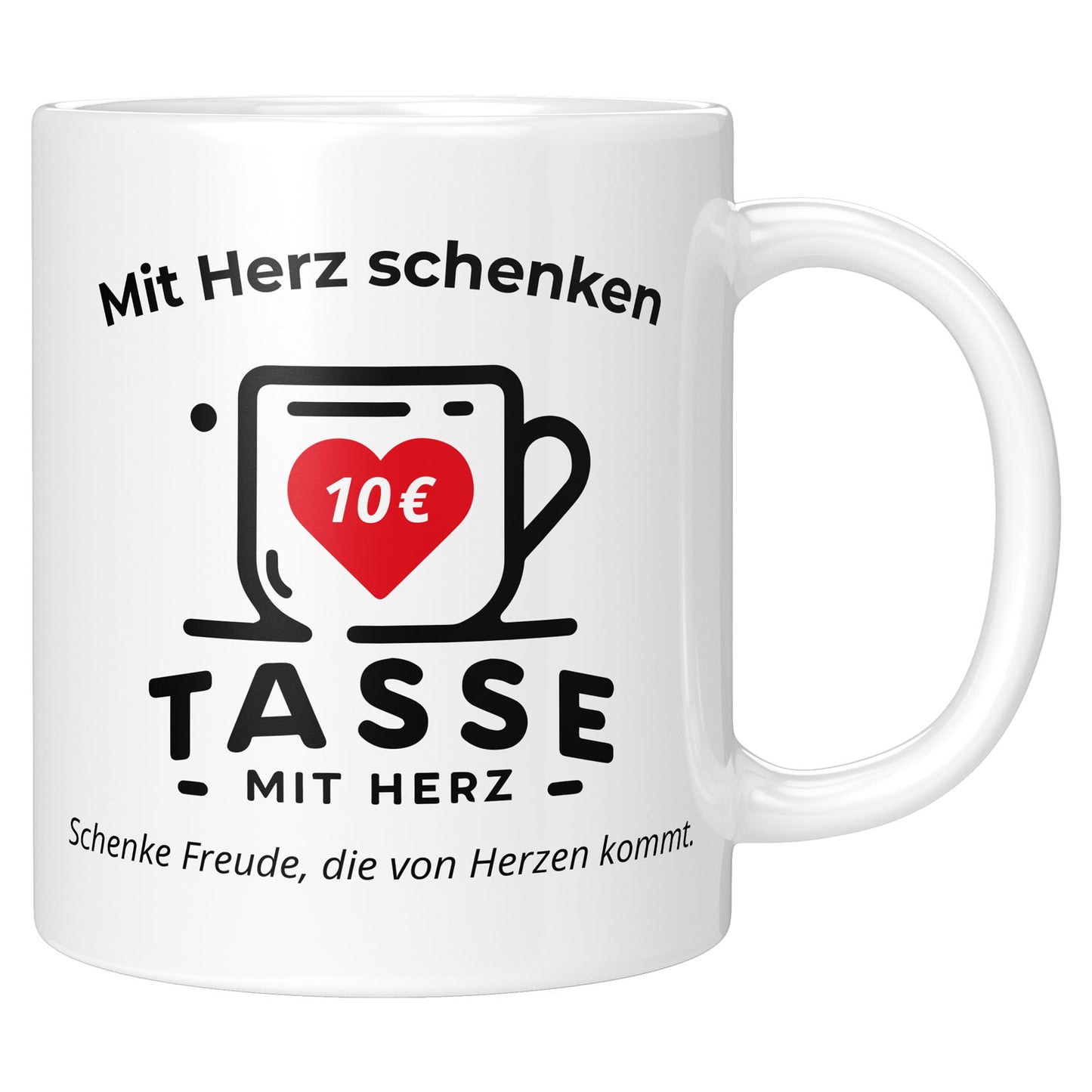 Geschenkidee: Weißer Mug mit Herz-Design, Euro-Wert und Text Mit Herz schenken