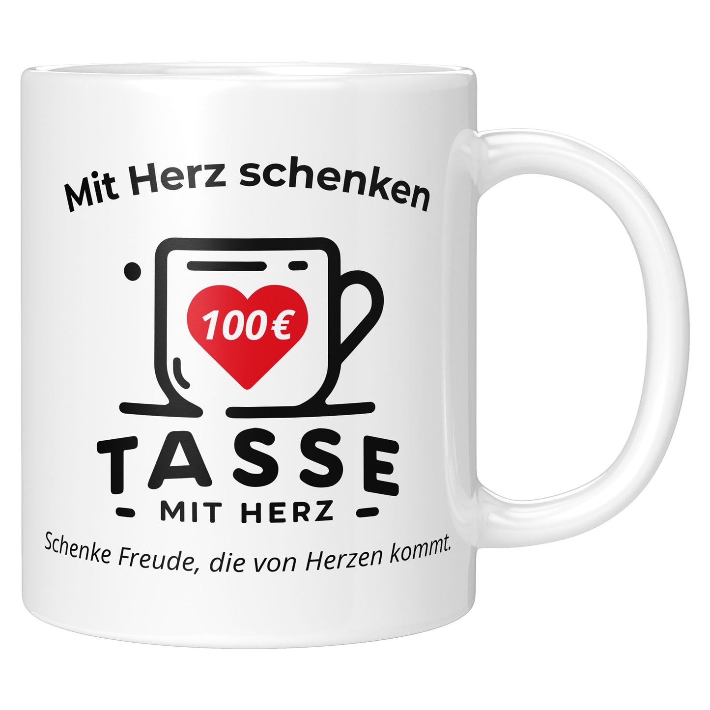 Geschenkgutschein-Promobild: Weißer Mug mit Tasse mit Herz Logo, Wert in Euro und Text Mit Herz schenken.