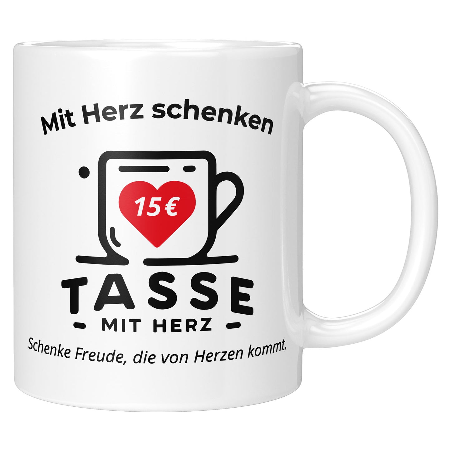 Digitaler Gutschein: Becher mit Tasse mit Herz Logo, Gutscheinwert und Slogan „Schenke Freude, die von Herzen kommt.