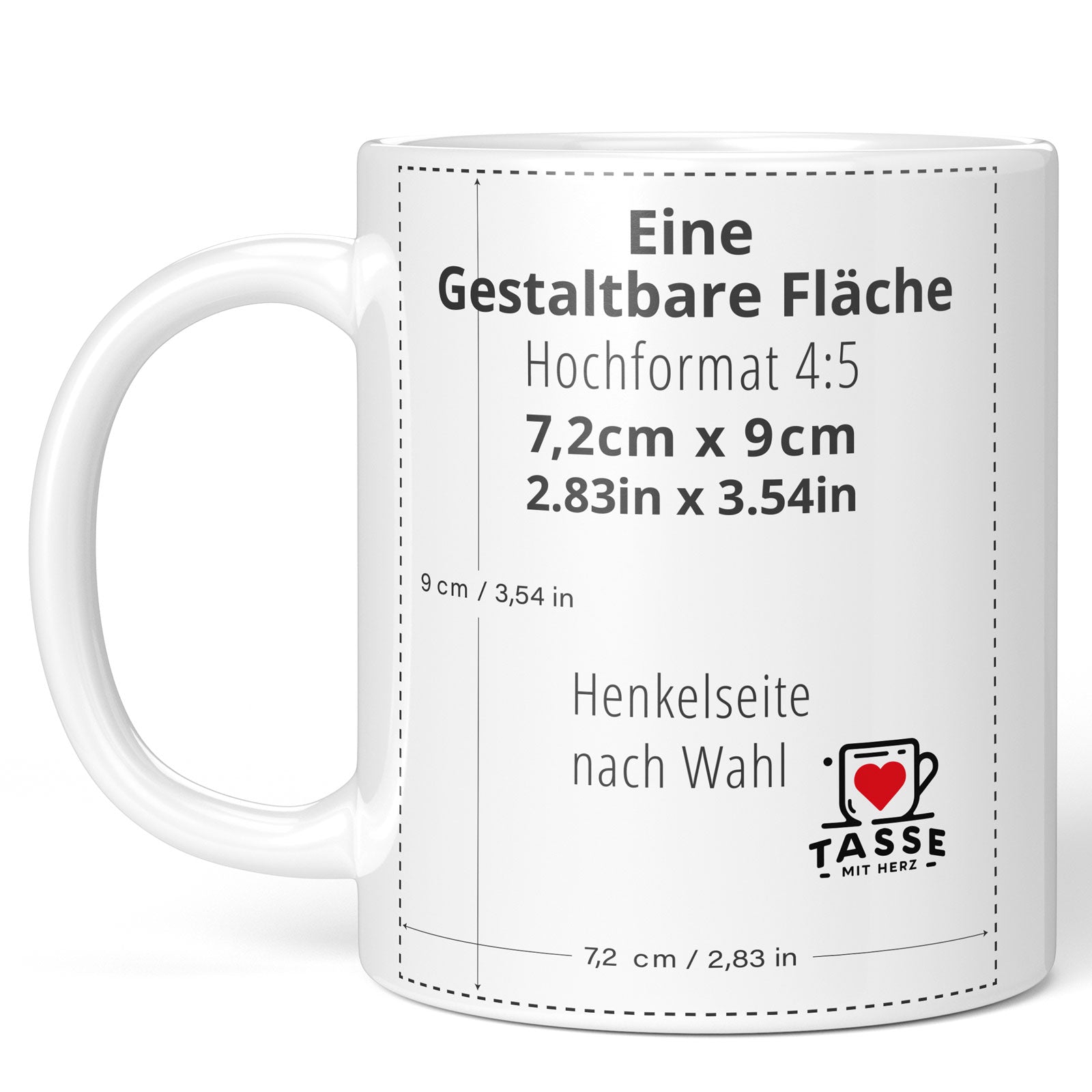 Weiße günstige Keramik-Fototasse zum personalisieren auf der Seite wo der Henkel links ist.