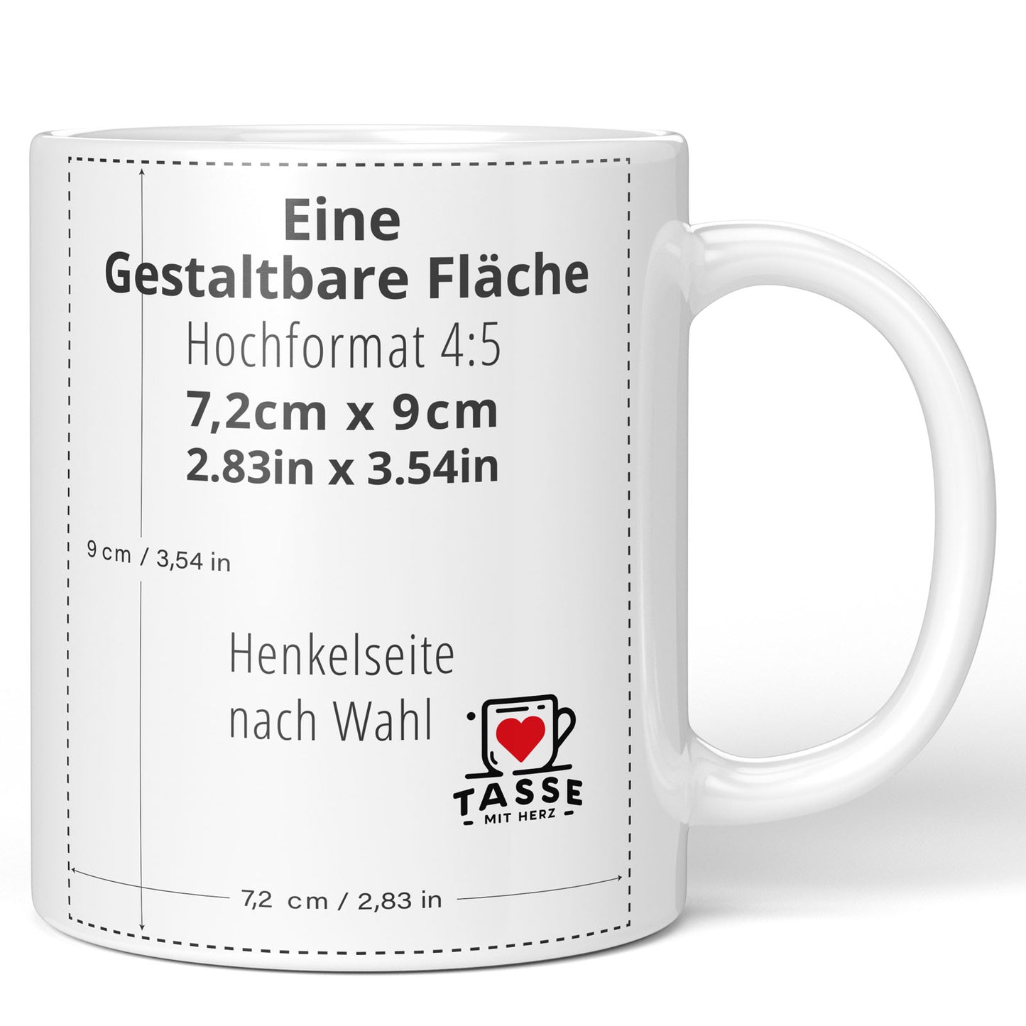 Weiße günstige Keramik-Fototasse zum personalisieren auf der Seite wo der Henkel rechts ist.