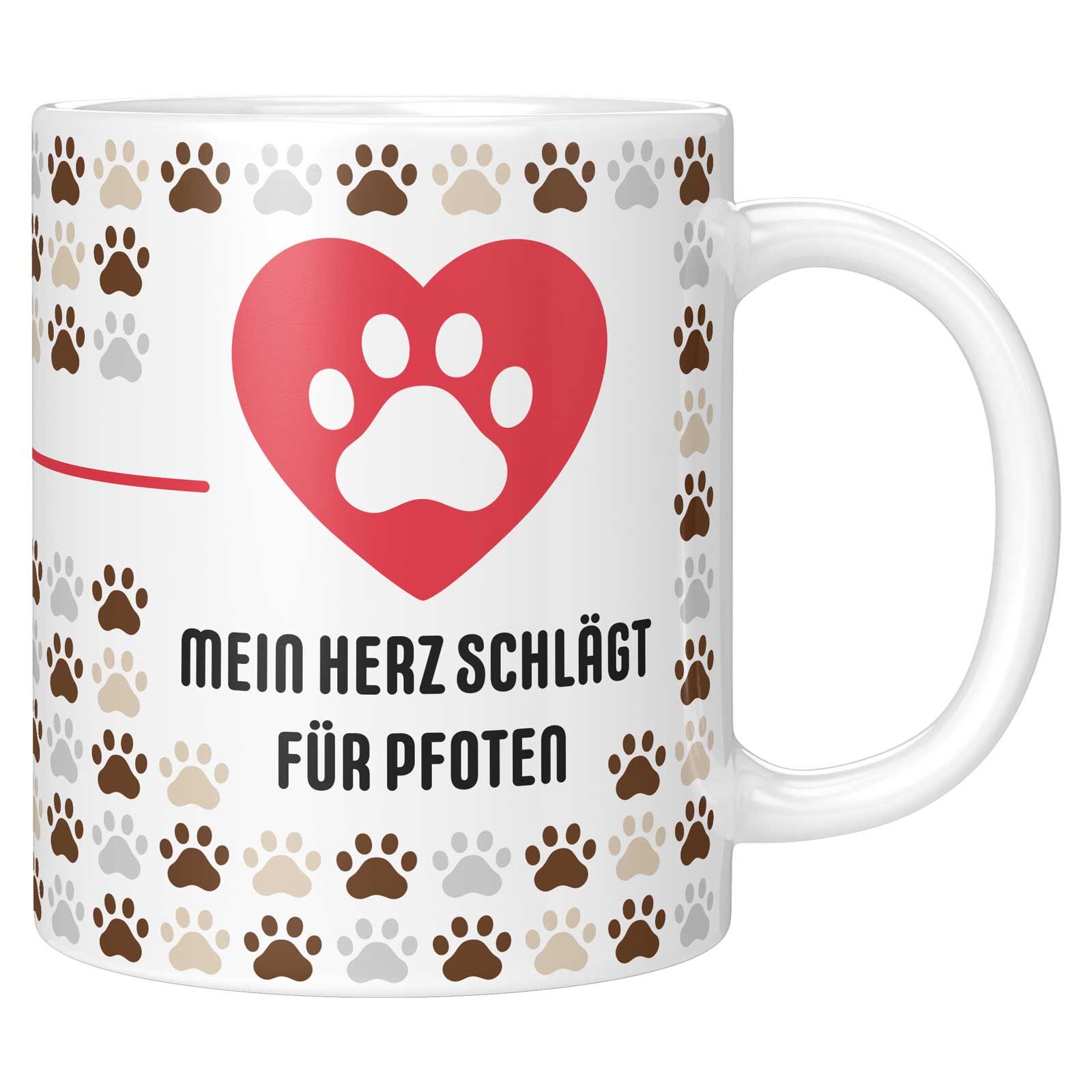 Weiße Tasse mit rotem Herz und Pfotenabdruck, umgeben von einer roten Herzschlaglinie und einem Muster aus Pfotenabdrücken in verschiedenen Farben.