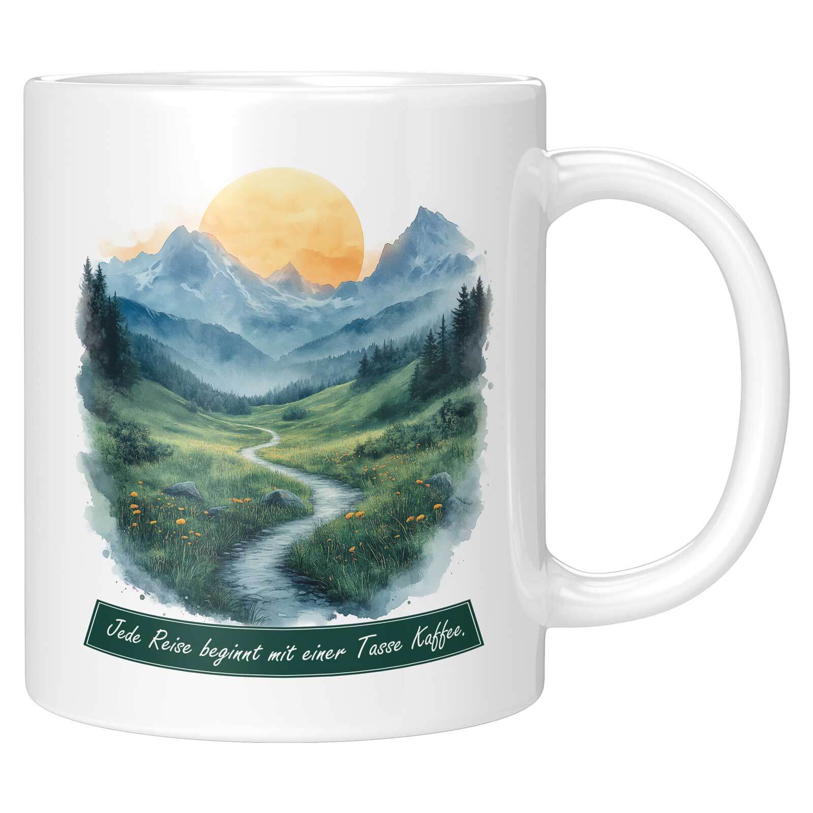 Weiße Tasse mit malerischer Berglandschaft, Sonne