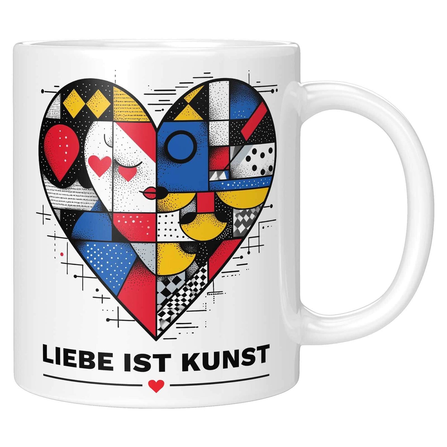 Nahaufnahme einer „Liebe ist Kunst“ Tasse mit Herzmotiv, kombiniert aus abstrakten Mustern und Pop-Art-Elementen.