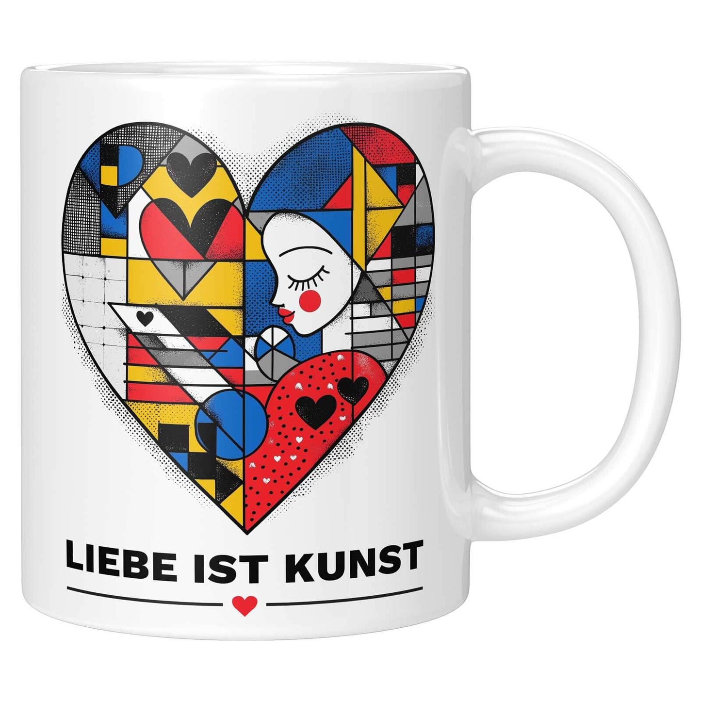 Tasse mit kubistischem Herz-Design in Rot, Blau, Gelb und Schwarz, romantischer Schriftzug „Liebe ist Kunst“ am unteren Rand.