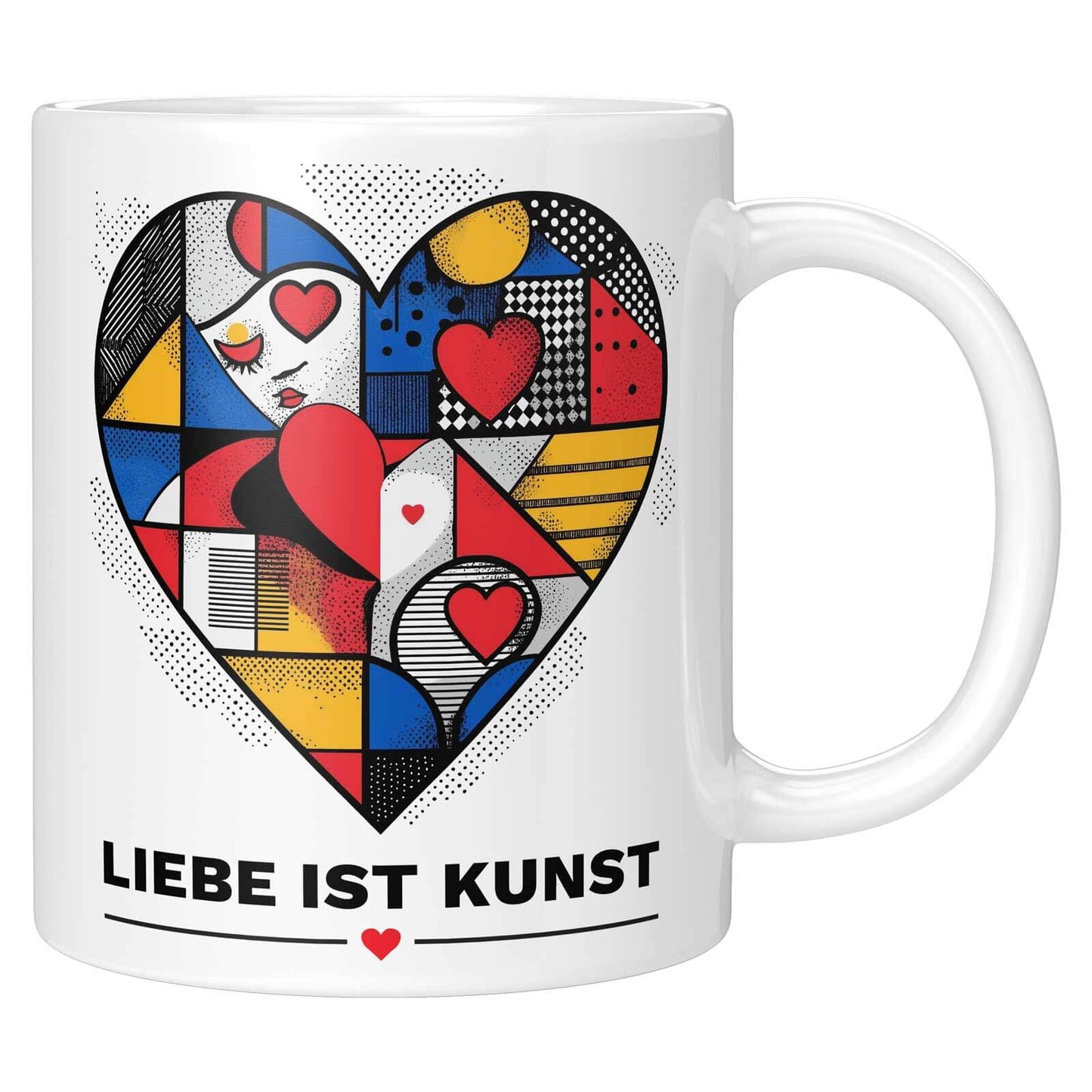 Detailaufnahme der „Liebe ist Kunst“ Tasse, zeigt ein modernes Herz mit grafischen Mustern und harmonischen Farbakzenten.