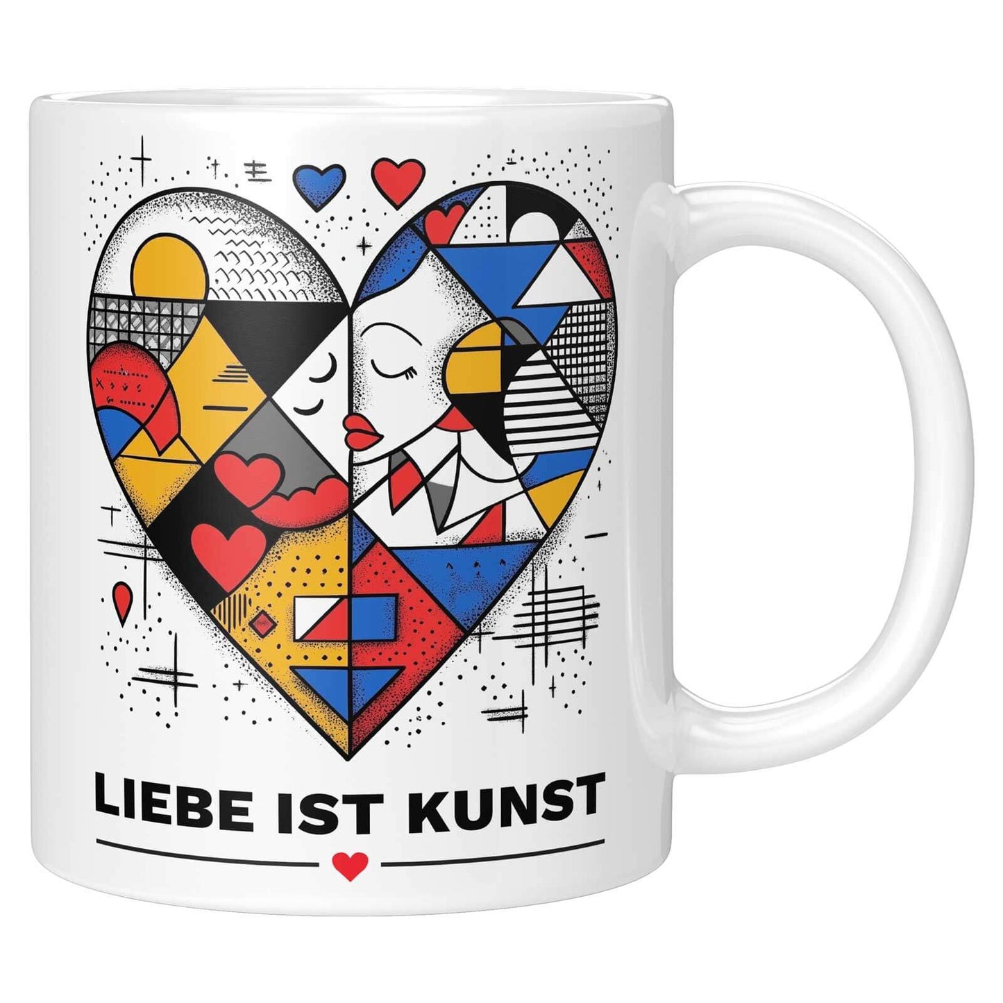 Komplettansicht einer „Liebe ist Kunst“ Tasse mit Herzmotiv, geometrischen Details und kontrastreicher Farbgestaltung.