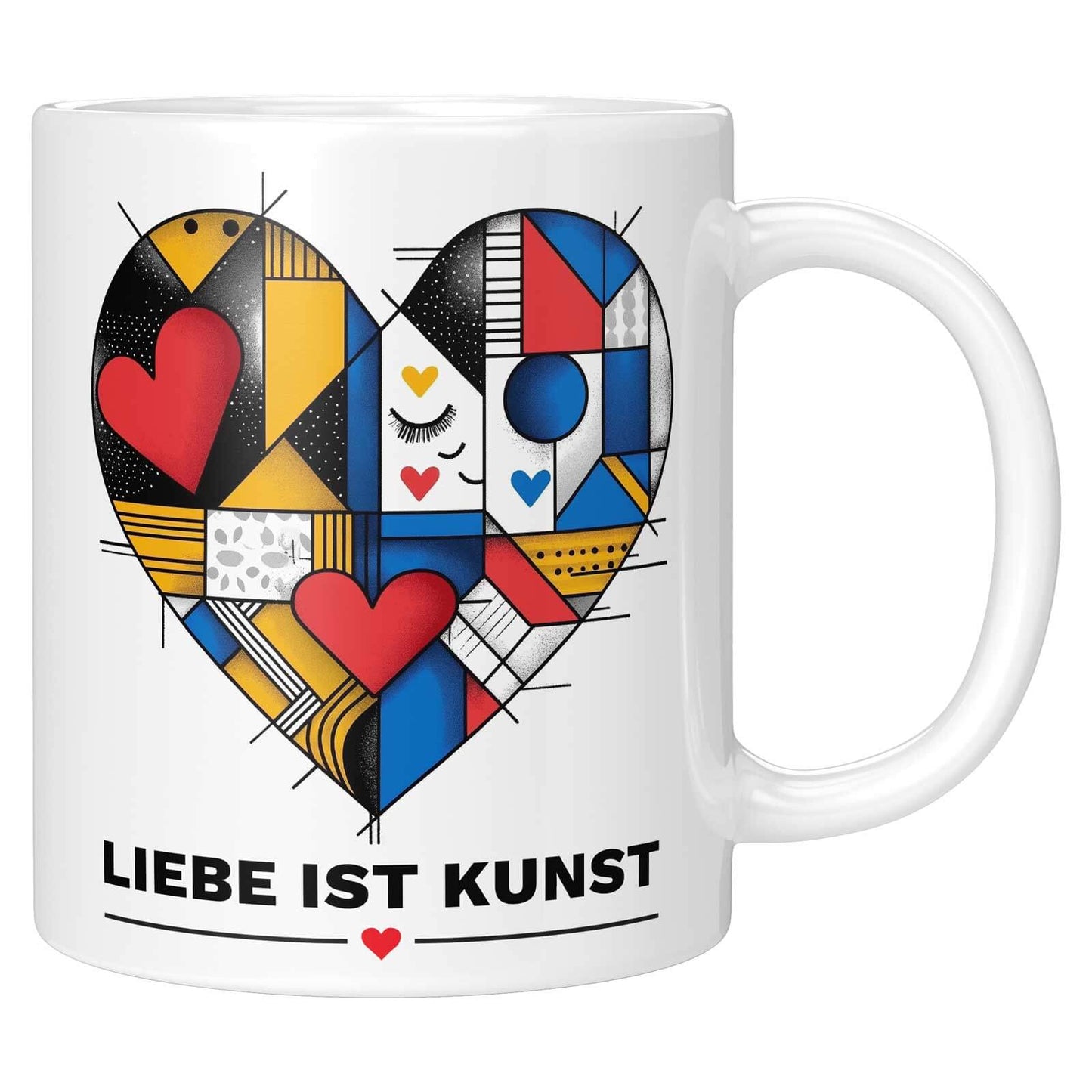 Kreatives Herz-Design auf einer weißen Tasse, kombiniert mit modernen Kunststilen und dem Schriftzug „Liebe ist Kunst“.