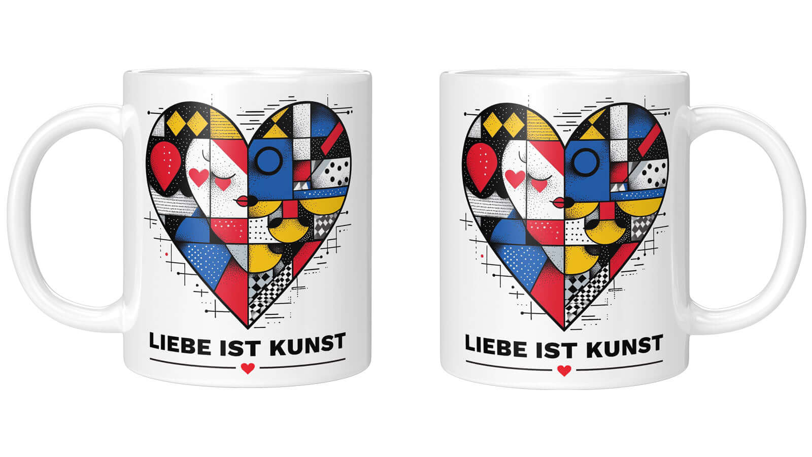 Seitenansicht der „Liebe ist Kunst“ Tasse mit abstraktem Herz, dekorativen Linien und kleinen roten Herzsymbolen.