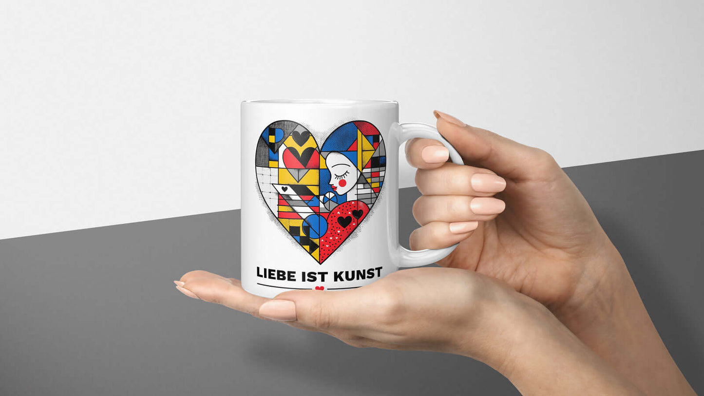 Gruppendarstellung mehrerer „Liebe ist Kunst“ Tassen, jedes mit einzigartigem Herz-Design und leuchtenden Farben.