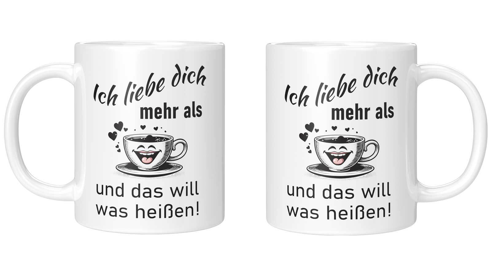 Lustige und romantische Tasse mit schwarz-weißem Design und einer lachenden Kaffeetasse, ideal als Geschenk für den Valentinstag.