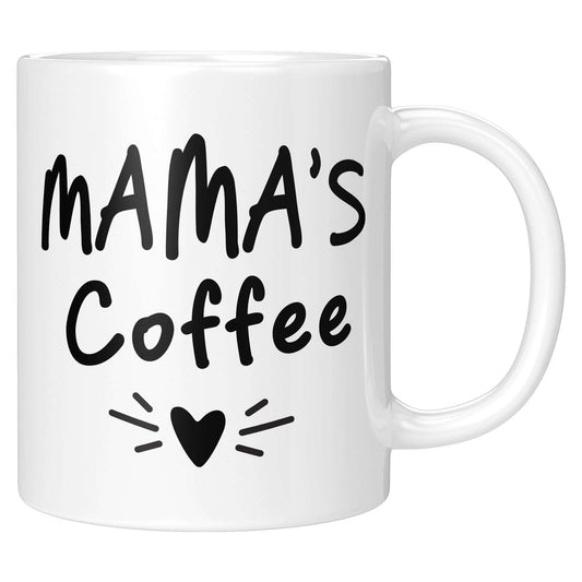 Nahaufnahme der Tasse „Mama's Coffee“ mit verspieltem Schriftzug und kleinem Herz – ideales Geschenk für Mütter