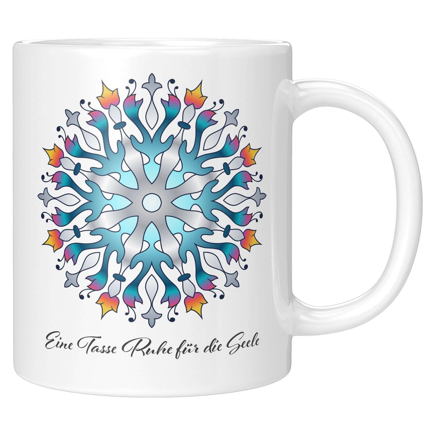 Mandala design mug with personalization option, perfect for self-care and relaxation, featuring "Eine Tasse Ruhe für die Seele" text.