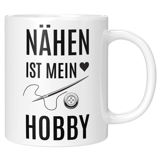 Tasse mit Aufschrift „Nähen ist mein Hobby“, ideal für Hobbyschneiderinnen und Nähbegeisterte, minimalistisches Nadel-und-Faden-Design.