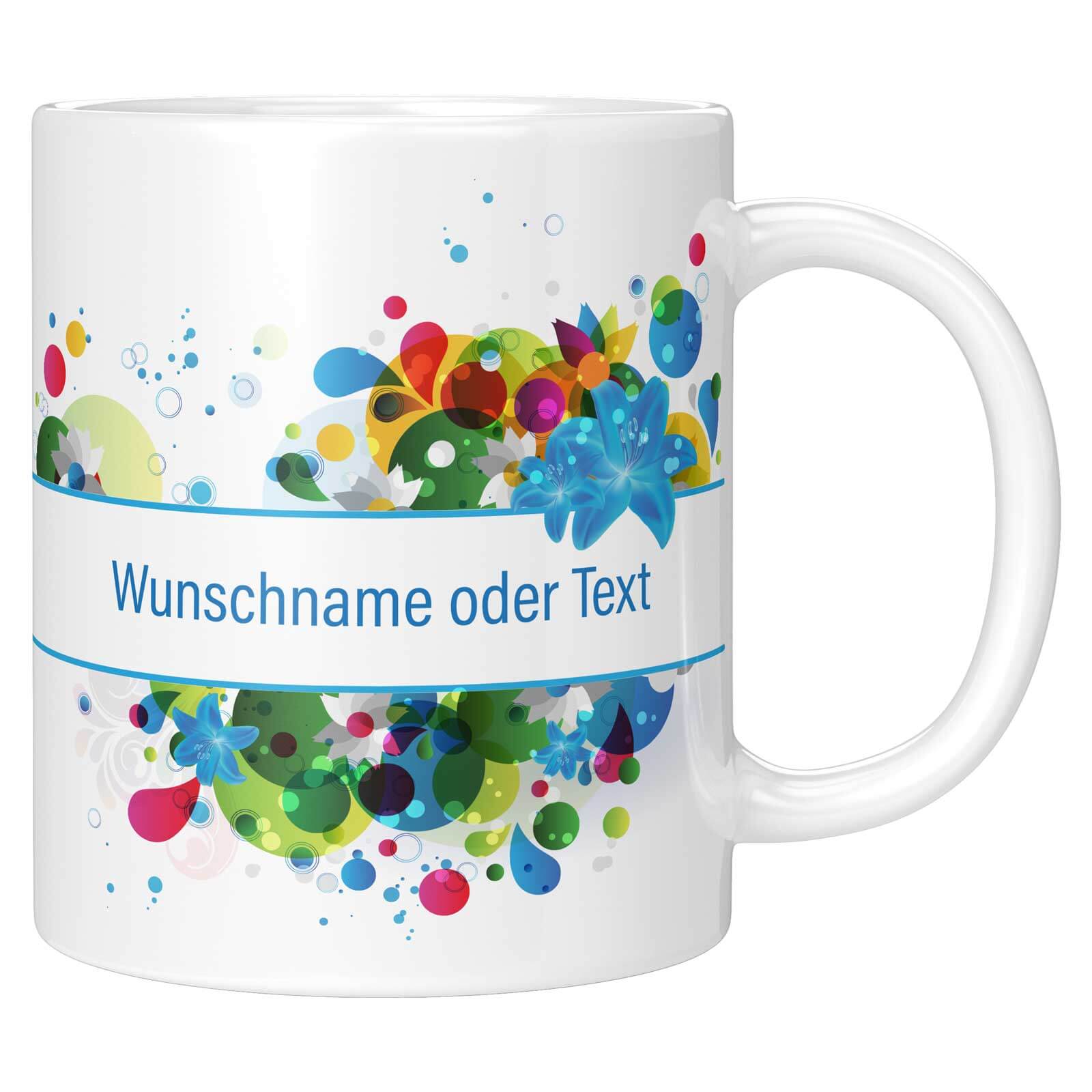 Weiße Tasse mit buntem Blumenmuster und beidseitig personalisierbarem Textfeld für Namen oder Wunschtext (bis zu 30 Zeichen).