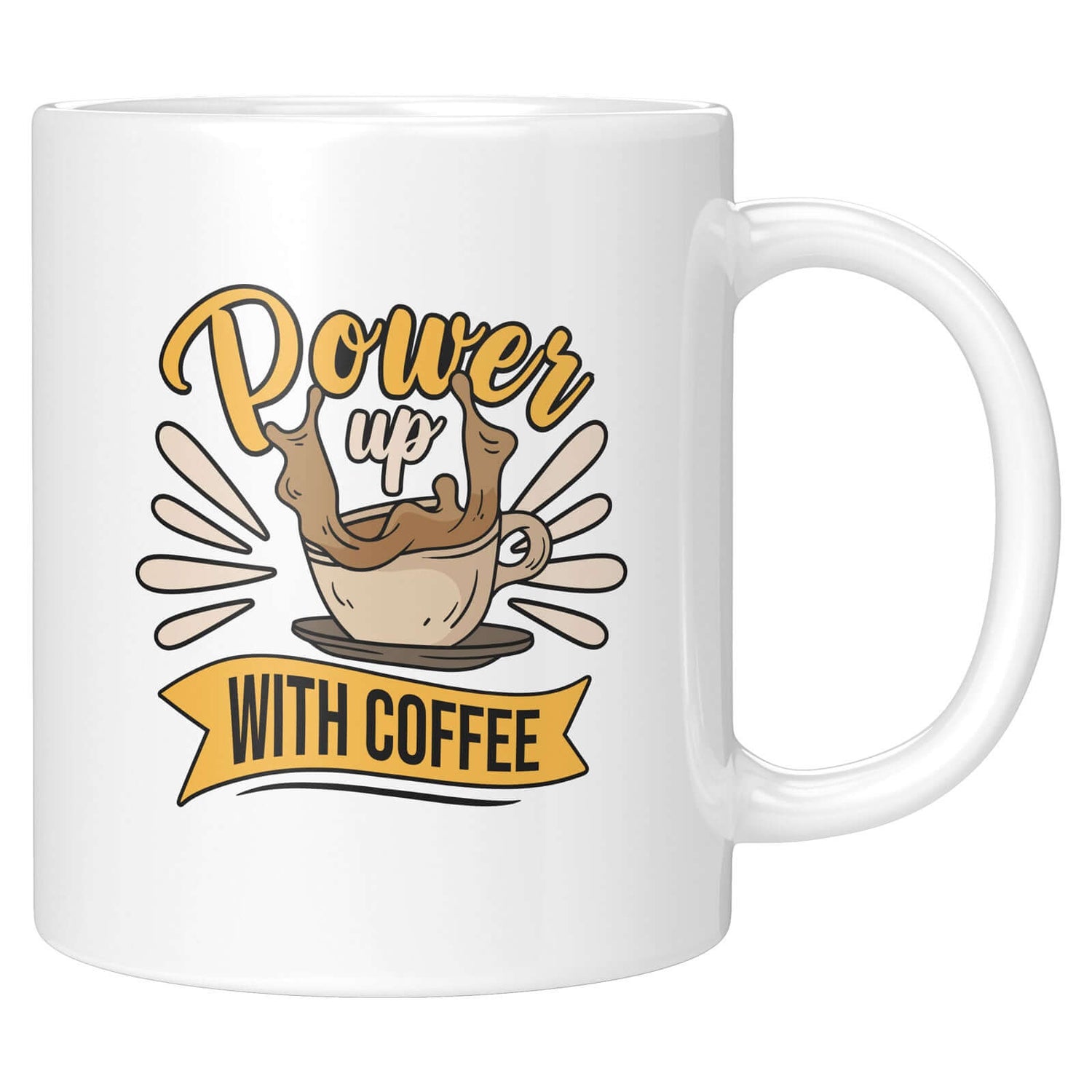 Detailansicht der Tasse „Power Up with Coffee“ im Handlettering-Design mit Schwung und Energie.