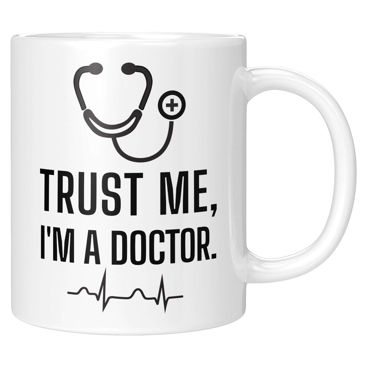 "Trust me I'm a doctor mug with stethoscope and heartbeat design for doctors, medical students, and healthcare professionals"