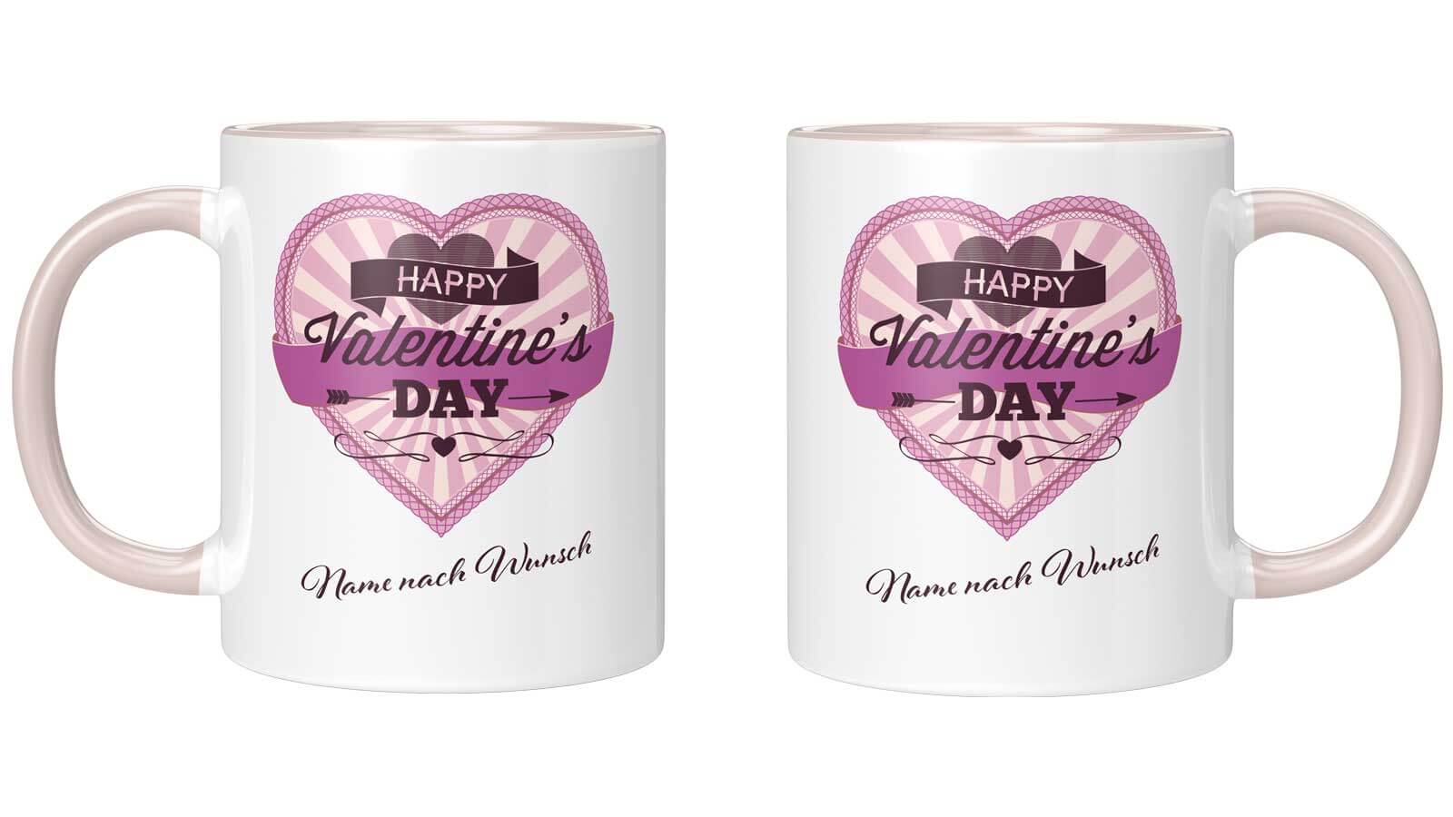 Romantische Tasse für den Valentinstag mit dekorativem Herzmotiv, Ornamenten und Platz für einen individuellen Namen.